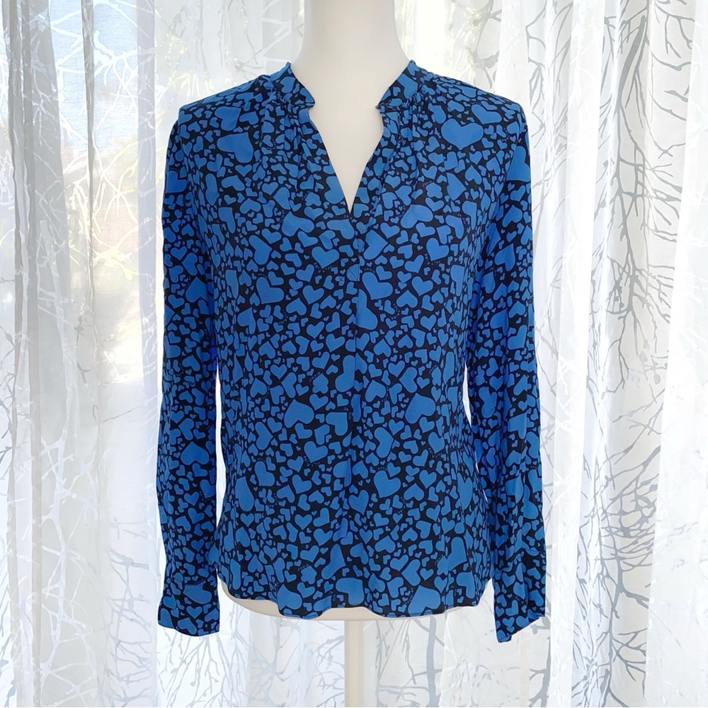 ZADIG & VOLTAIRE BLACK BLUE HEART TINK COEUR PRINT LONG SLEEVE V-NECK BLOUSE
